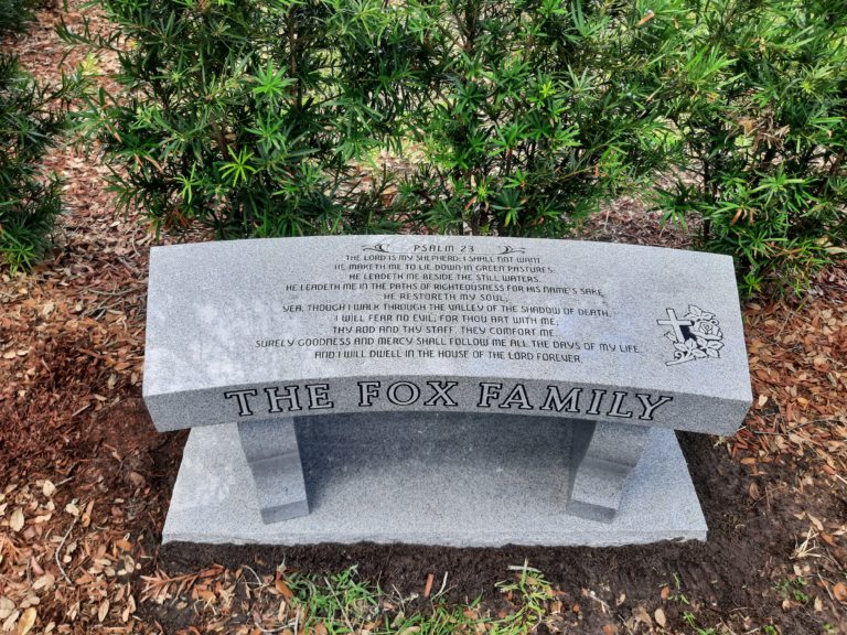 Memorial curved bench with Psalm 23 Memorial Park Cemetery