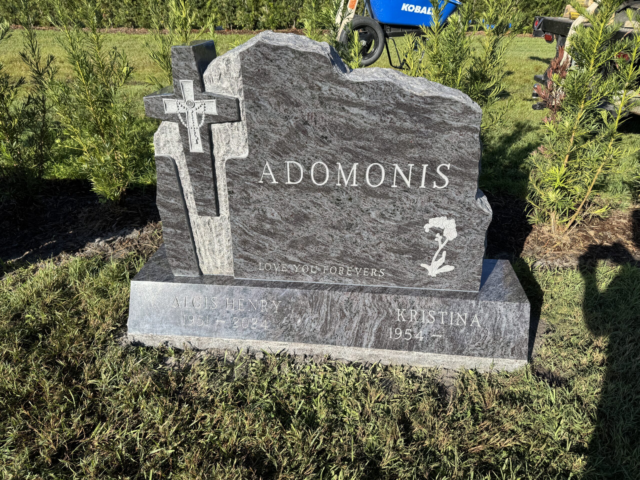 Bahama Blue memorial cross rosary beads & bevel polished base Palms Memorial Gardens Sarasota