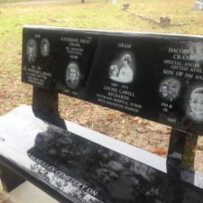 Black Laser etched bench seat with back Cycadia Cemetery Tarpon Springs, Fl